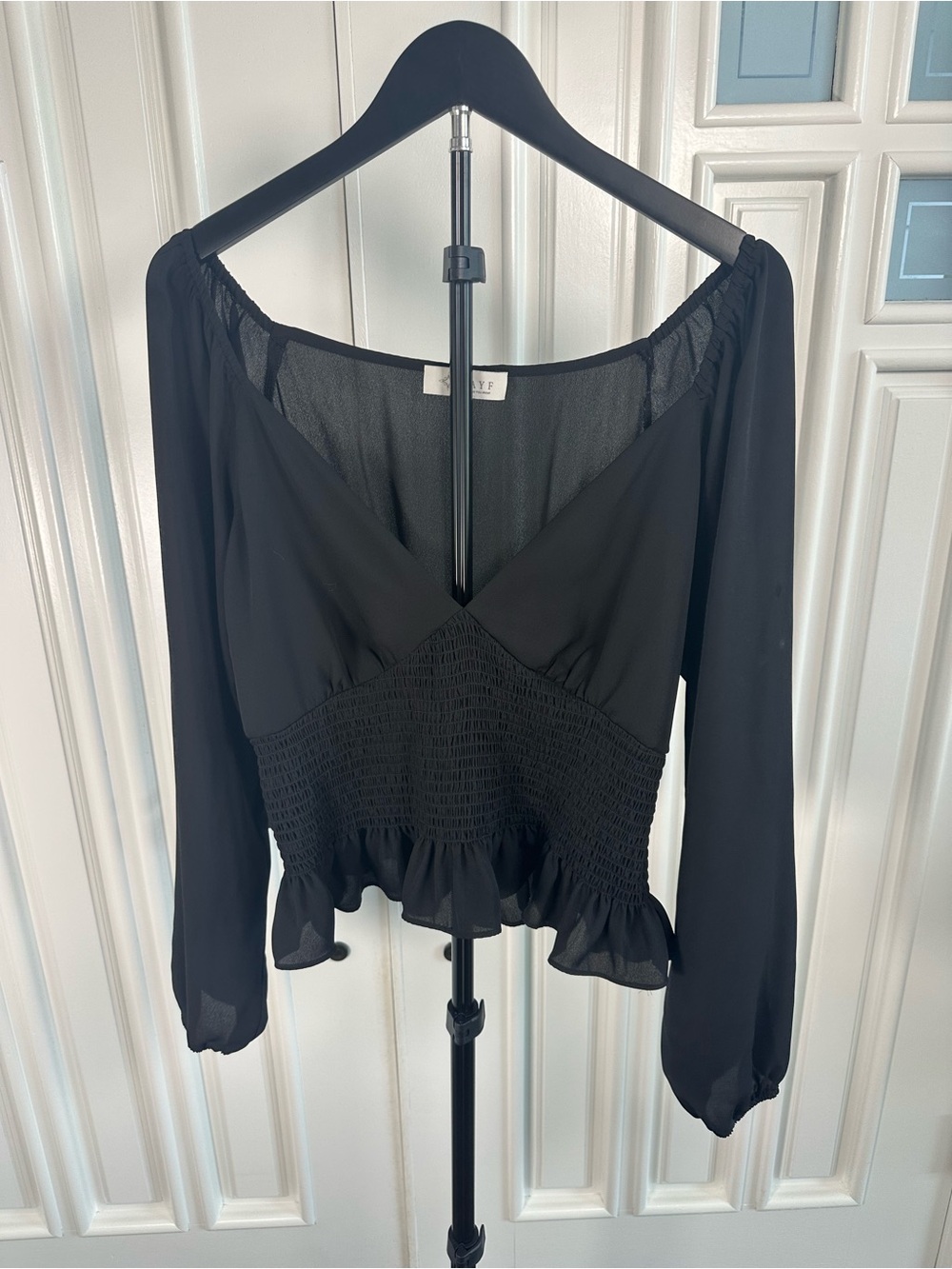 Wayf Black Smocked Peplum Long-Sleeve Blouse
